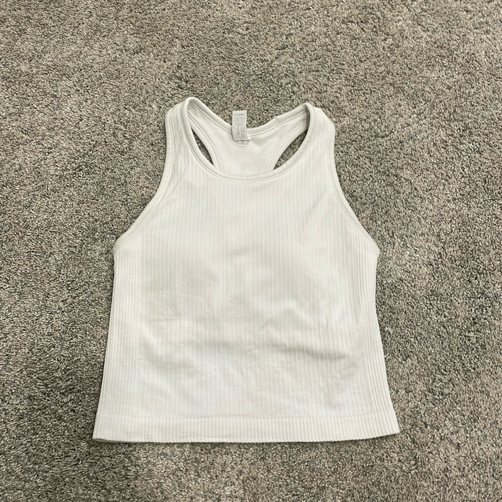 white athletic tank top with built in bra